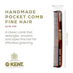 Kent Slim Jim Handmade All Fine Tooth Pocket Comb for Men, Hair Comb Straightener for Everyday Grooming Styling Hair, Mustache and Beard, Use Dry or with Balms, Saw Cut Hand Polished, Made in England