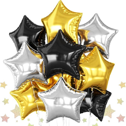 Black Gold Silver Star Foil Balloons, 18 Inch Metallic Black and Gold Stars by BIAPIAN