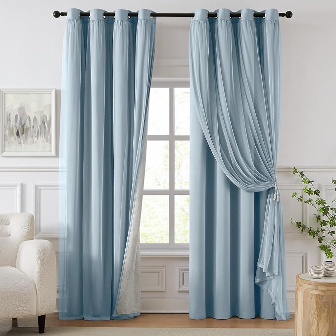 100% Blackout Curtains for Bedroom, Double Layer Blue Curtains, Room Darkening by Swandream