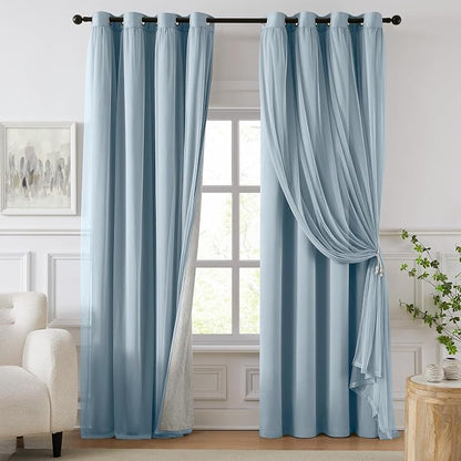 100% Blackout Curtains for Bedroom, Double Layer Blue Curtains, Room Darkening by Swandream