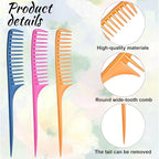 Wide Tooth Rat Tail Comb Set for Sectioning Styling Heat Resistant and Anti-Static Hair Detangling Combs for All Hair Types 3 Pcs (Blue + Pink + Yellow)