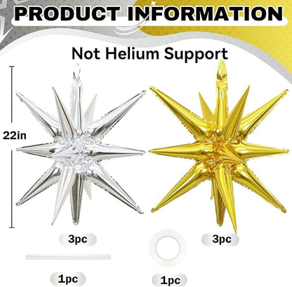 HILAVO 6PCS Gold Silver Star Balloons, 22Inch Large Star Balloon Foil Spike - Image 2