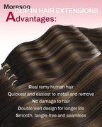 Moresoo PU Seamless Human Hair Clip in Extensions 135g 7pcs Clip in Hair Extensions Real Human Hair Straight Natural Thick and Soft Remy Hair Dark Brown to Chestnut Brown Balayage 16inch