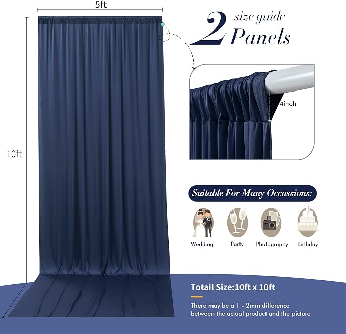 10 ft x 10 ft Wrinkle Free Navy Blue Backdrop Curtains Panels, 2 Panels 5ft x - Image 4