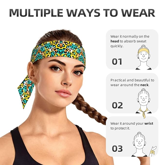 Boys Girls Turquoise Green Yellow Cheetah Leopard Print Sports Sweat Bands Boho Style Beauty Skinny Hair Band Headdress for Sports Fitness Shower