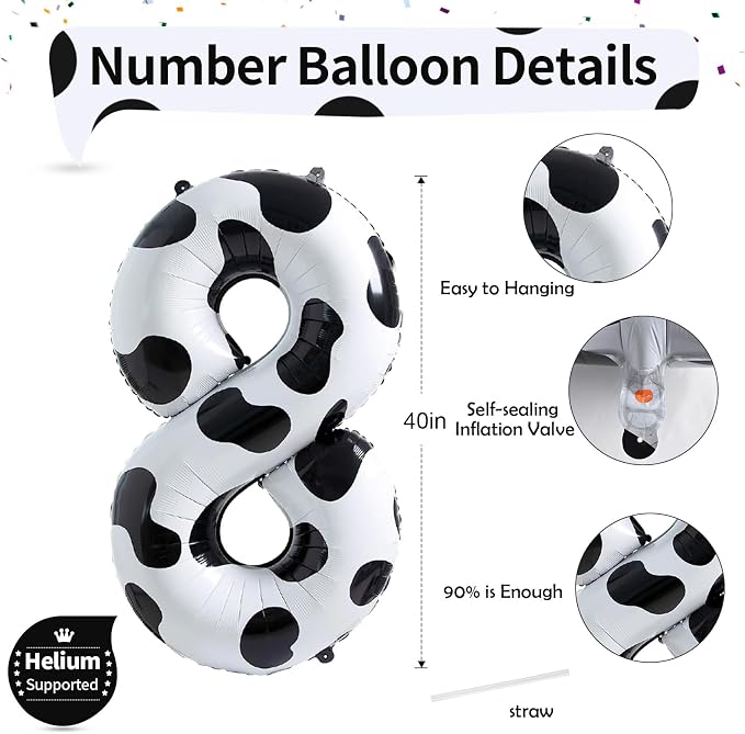 40 Inch Cow Print Number 8 Balloons, Large Foil 8th Birthday Balloon Decorations - Image 2
