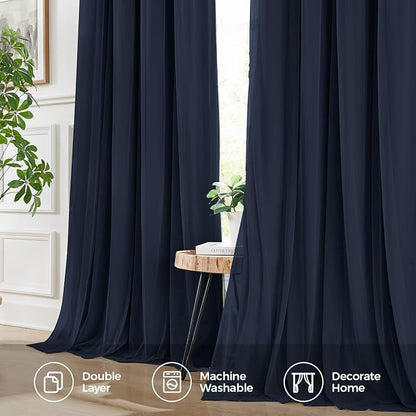 100% Blackout Curtains for Bedroom, Double Layer Navy Blue Curtains, Room - Image 6