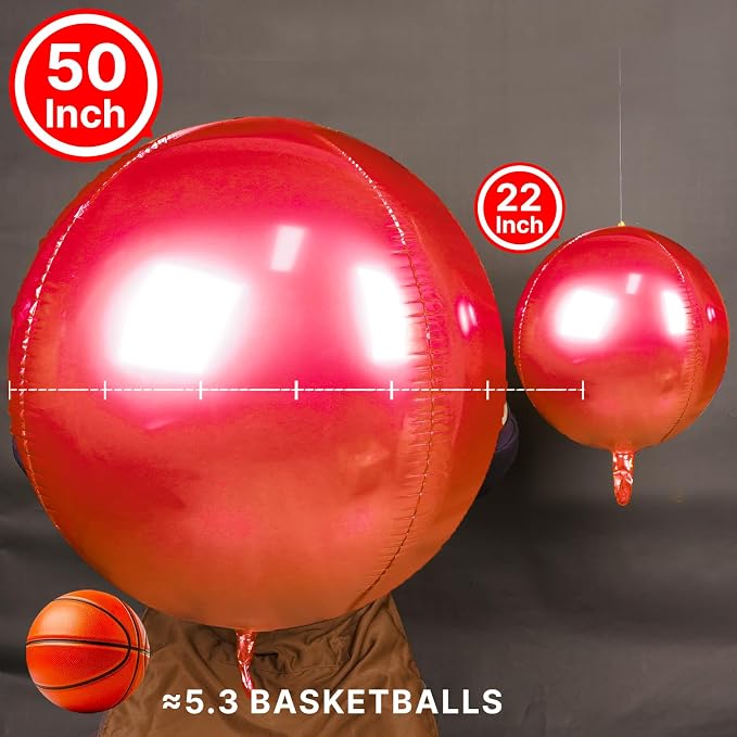 PartyWoo Red Large Round Giant 4D Jumbo Inflatable Foil Balloons 3pcs | 50 Inch - Image 2