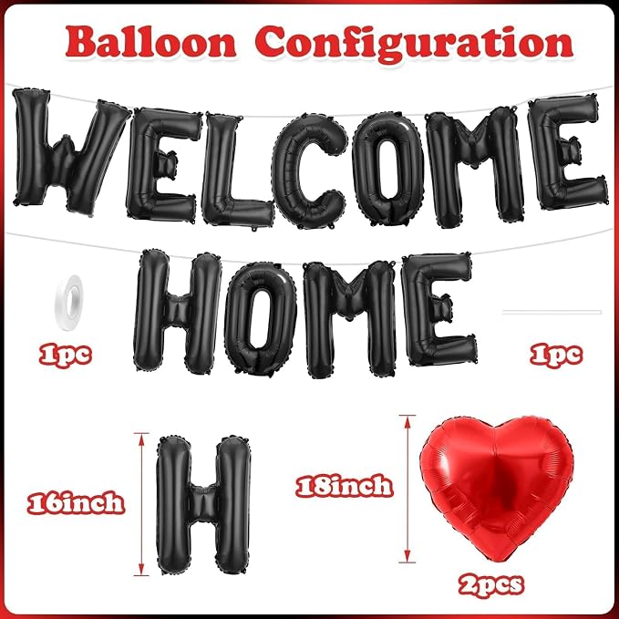 Welcome Home Balloons Black Red, 16Inch Welcome Home Foil Balloons Banner - Image 2