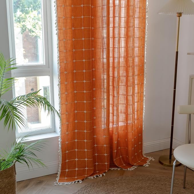 Sutuo Home Burnt Orange Plaids Boho Curtains - Image 2