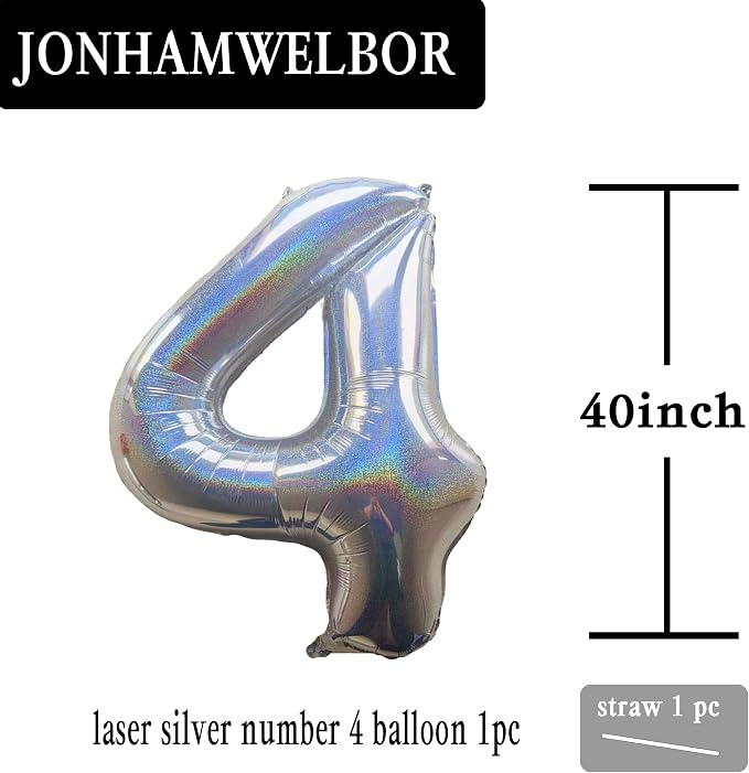 Jonhamwelbor 40 Inch Laser Silver 4 Balloon Number Foil Mylar Giant Balloon - Image 2