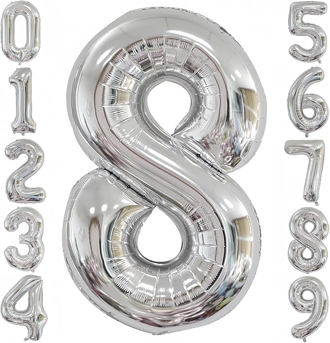 Silver 8 Balloon, 40 Inch Number 8 Balloon, 8 Birthday Balloon Decorations by BBPOOL