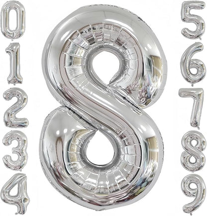 Silver 8 Balloon, 40 Inch Number 8 Balloon, 8 Birthday Balloon Decorations by BBPOOL