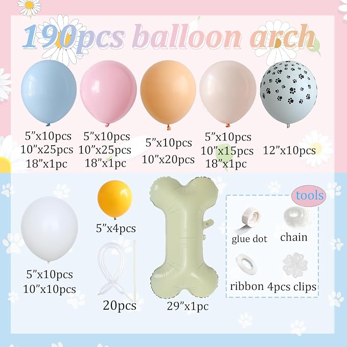 190Pcs Blue Balloon Garland Arch Kit, Dog Paw Birthday Party Decorations | - Image 2
