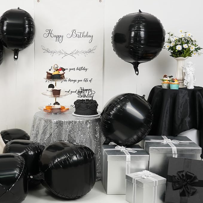 10Pcs Black Round Foil Balloons, Metallic Black Foil Baloon - Image 2