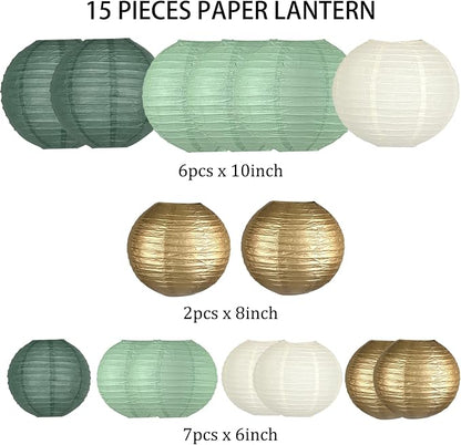 15-Pack Sage Green Gold Paper Lanterns Party Decorations | Assorted 6, 8 & - Image 2