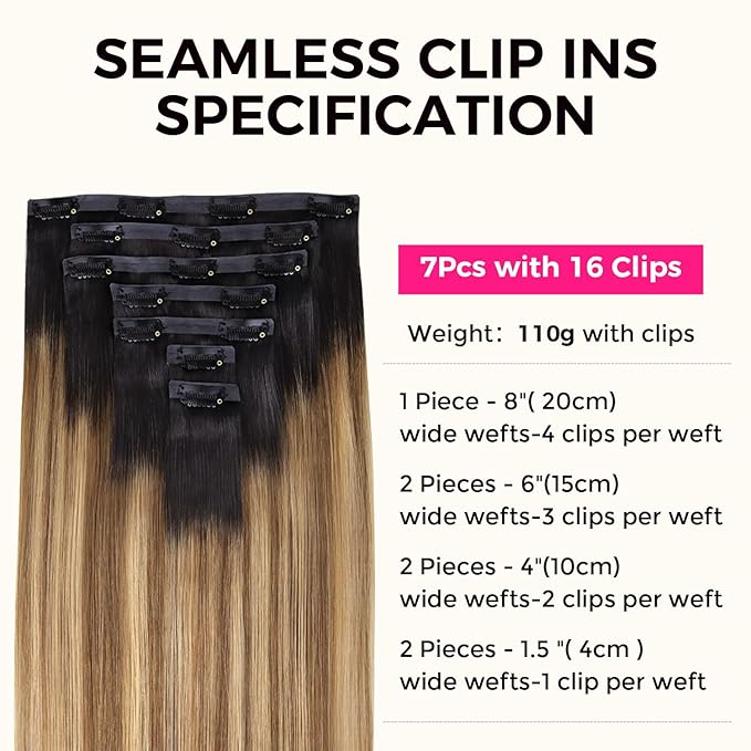 Lashey Seamless Hair Extensions Clip ins Human Hair 14 Inch 110g 7pcs Straight Seamless Clip in Hair Extensions Balayage Ash Brown to Honey Blonde Natural Hair with Dark Roots
