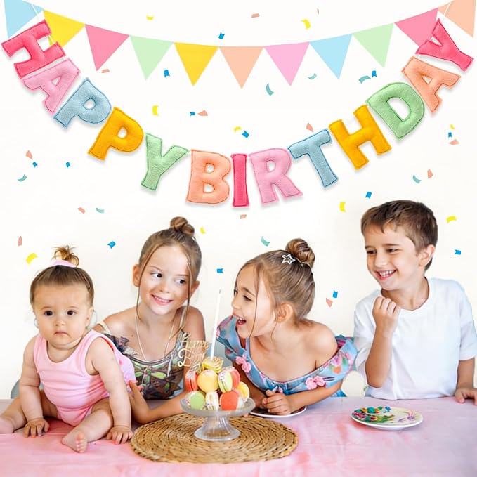 Pre-Strung 3D Pastel Felt Happy Birthday Banner, Macaron Birthday Garland | - Image 4