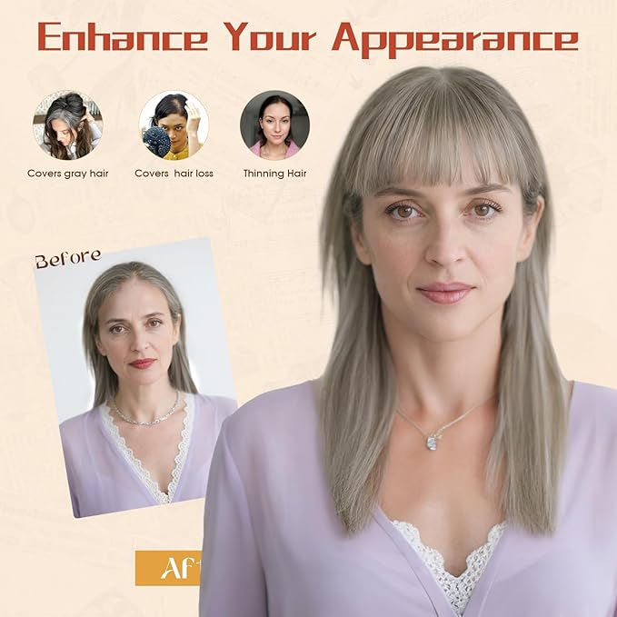Rich Choices Human Hair Toppers for Women-100% Real Remy Hair Topper with 3D 360°Bang-Upgraded 150% Density 9 * 12CM Lace Base-Clip in Hairs topper for Thinning Hairs-10Inch #G2 Grey