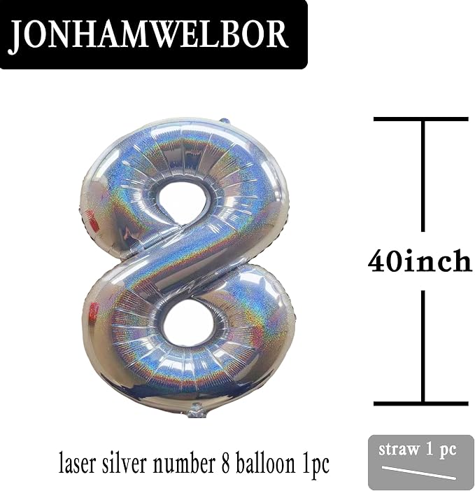 Jonhamwelbor 40 Inch Laser Silver Number 8 Balloon Foil Mylar Giant Balloon - Image 2