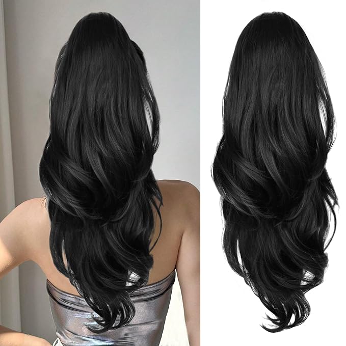 Ponytail Extension, Drawstring Ponytail Extension for Women Long Black Wavy Pony Tails Hair Extensions Synthetic Clip in Ponytail Hairpiece for Women (23 Inch)