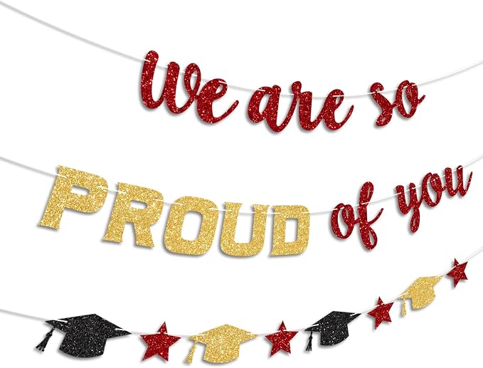 We Are So Proud of You Banner Prestrung Red and Gold Graduation Banner - Image 2