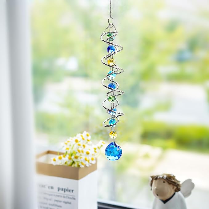 20.5in Sea Blue Crystal Gazing Ball Spiral Wind Spinner Suncatcher | Sea Blue - Image 8