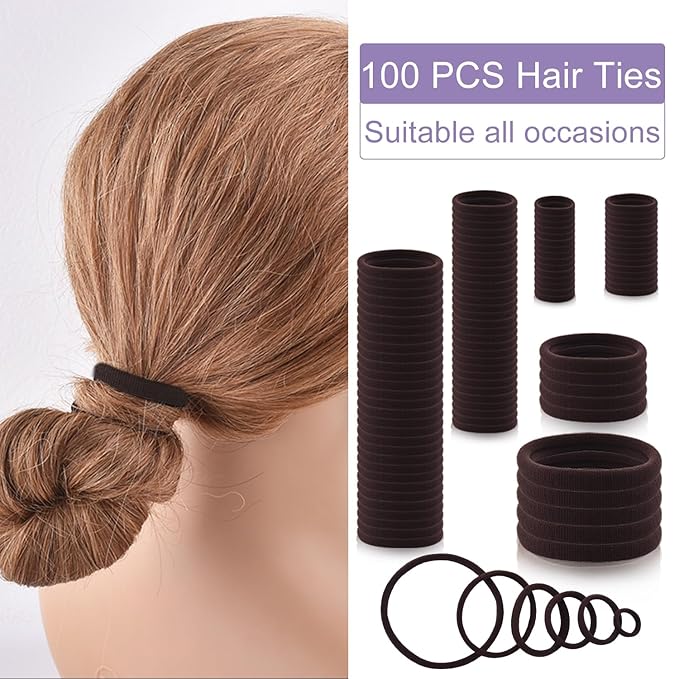100PCS Various Sizes Brown Hair Ties for Women, Elastics Hair Ties No Damage Ponytail Holder for Thick/Thin Hair Accessories, Soft Cotton Cloth Seamless Hair Bands