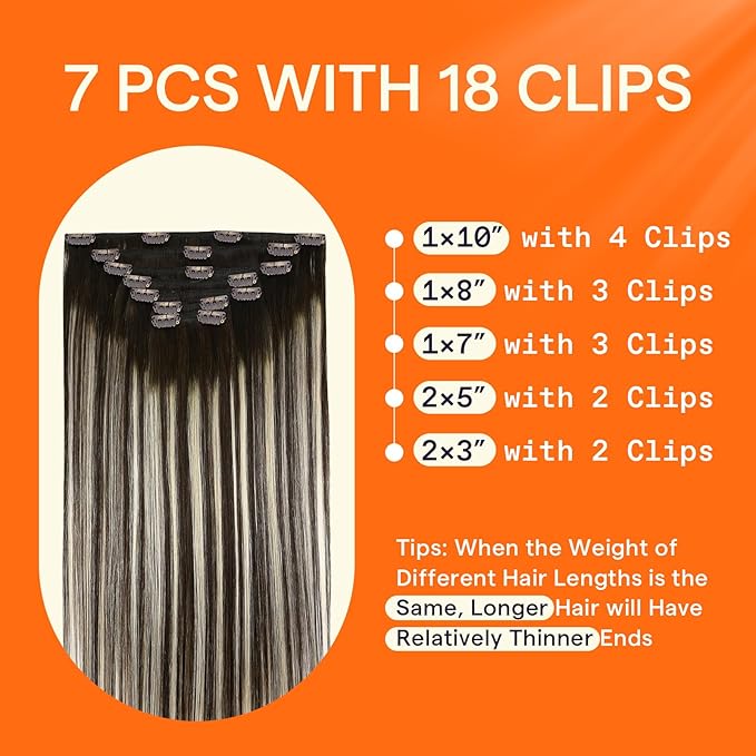 Full Shine Clip in Hair Extensions Balayage Human Hair Extensions Clip ins Dark Brown to Platinum Blonde Hair Clip in Extensions Natural Straight Hair for Highlights 22 Inch 7 Pcs 120 G