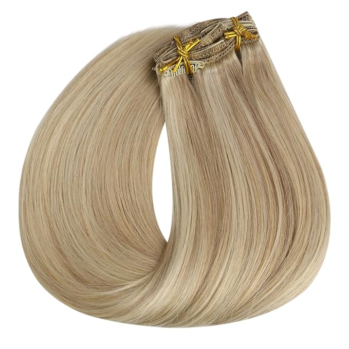 Full Shine Clip in Hair Extensions Human Hair Blonde Clip in Real Human Hair Extensions Honey Blonde Highlighted Platinum Blonde 120 G 16 Inch