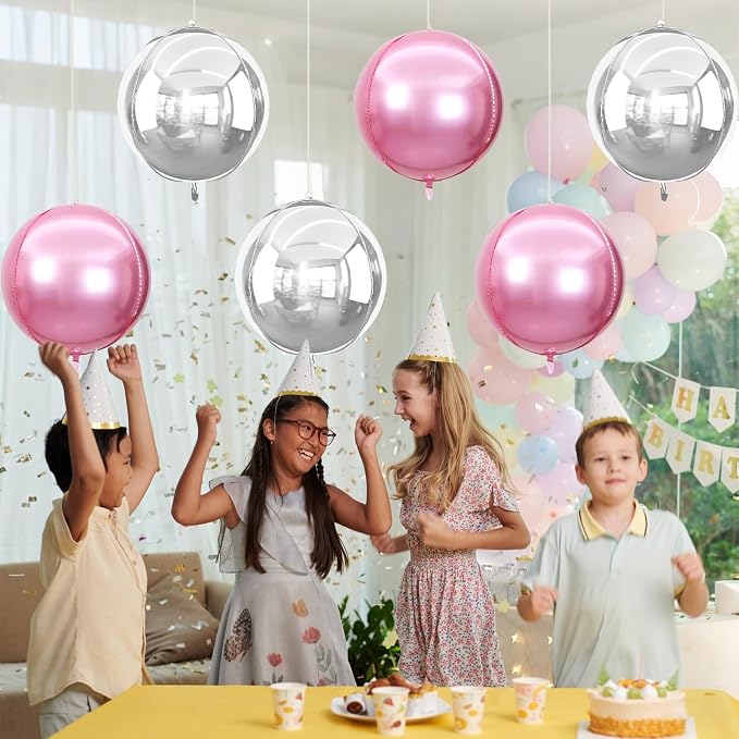 6Pcs Pink Silver Round Foil Balloons, Giant 4D Round Ball Balloon, 22 Inch - Image 7