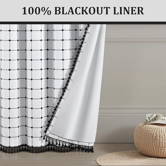 Boho Blackout Black Plaid Curtains 84 Inch Linen Blend 2 Panels | Vintage - Image 6
