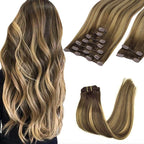 GOO GOO Clip in Hair Extensions Real Human Hair, Remy Human Hair Extensions Clip ins for Women, Natural Human Hair, 26inch 260g 9Pcs, #4/27/4 Balayage Chocolate Brown to Caramel Blonde