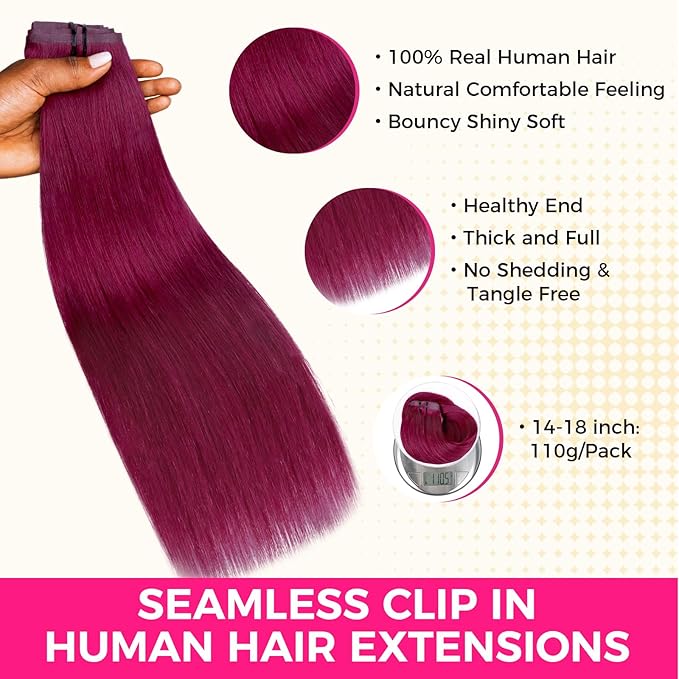 Lashey Seamless Clip in Hair Extensions Human Hair 110g 7pcs Burgundy #99j Straight 18 Inch Hair Extensions Clip ins with Soft Invisible PU Weft for Women