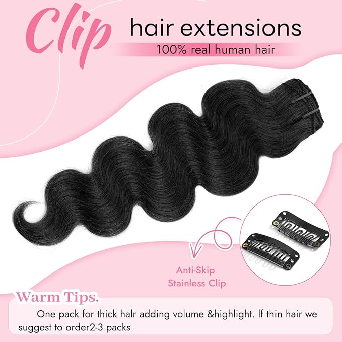 Clip in Hair Extensions Real Human Hair Body Wave 1B Natural Black Clip in 100% Brazilian Remy Human Hair Extensions 8pcs Per Set with 18 Clips Double Weft 18 Inch 100g/3.6oz