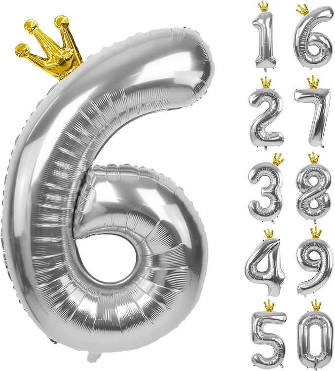 Silver Number 6 Balloon with Crown, 40 inch Silver Number Balloon 6th Birthday by Yeodong