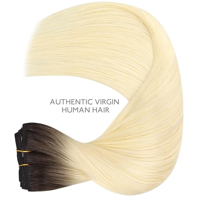 WENNALIFE Clip in Hair Extensions, 18 Inch 120g 7pcs Clip in Hair Extensions Real Human Hair, Ombre Light Dark Brown to Platinum Blonde Remy Hair