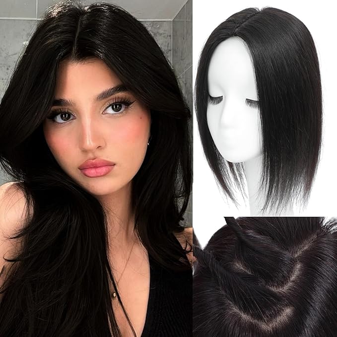 Hair Toppers for Women Real Human Hair, 360° 3D Human with Thinning Upgrade Middle Part Clip in Bangs Topper Hair Pieces for Women Daily(Black, 14 Inch-3D-Side)
