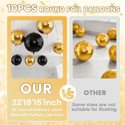 Gold and Black Round Foil Balloons, Metallic Gold Black Foil Baloon - Image 4