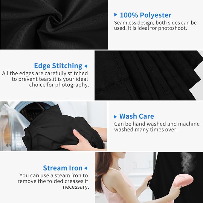 HEMMOTOP Black Backdrop, Seamless Photography Background Screen | Polyester - Image 2