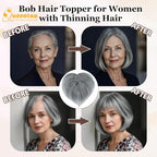 QUEENTAS Silver Hair Topper for Women with Thinning Hair Pieces 6"*6"Large Coverage 360°3D Cover Silver Synthetic Short Bob with 5 Clips in Wiglets(Gray with Black)