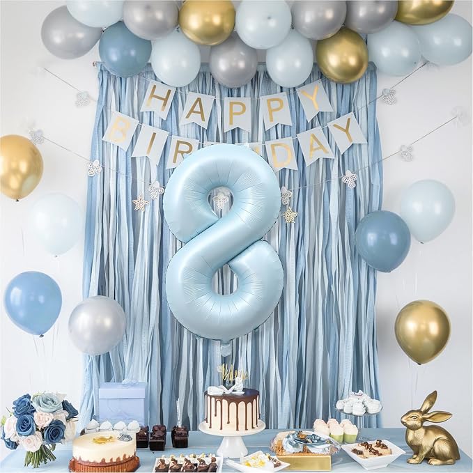 Foil 8 Balloon, Light Matte Blue Big Number 8 Balloons - Image 5