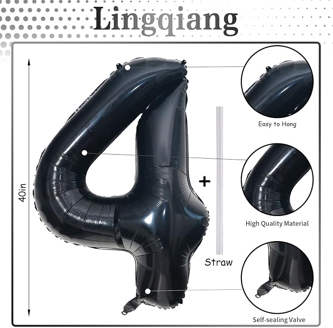 Black Number Balloons, 40inch Large Number 4 Foil Mylar Helium Balloons - Image 2