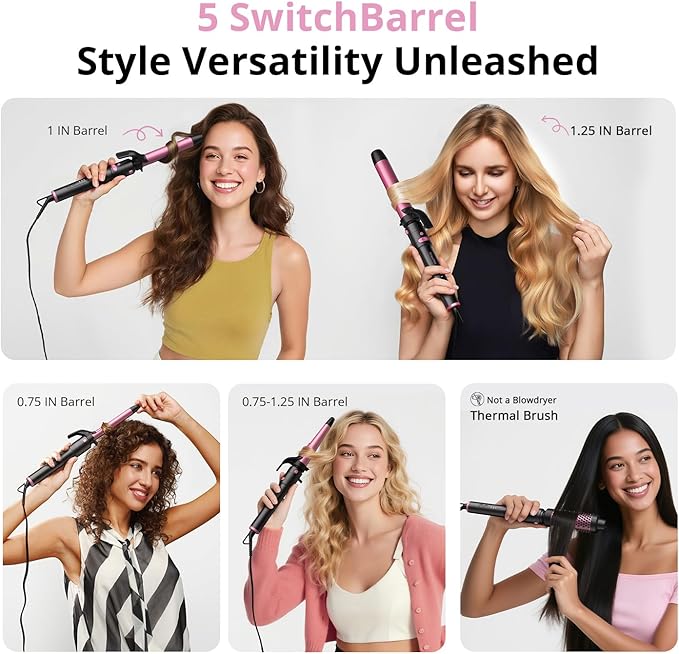 5 in 1 Automatic Rotating Curling Iron Set, CrazyMar Curling Wand Set - 5 Barrels (3/4,1,1/4 Inch) Dual Voltage Curling Wand for Professional Hair Styling, Travel, Ceramic Coating(Hot Pink)