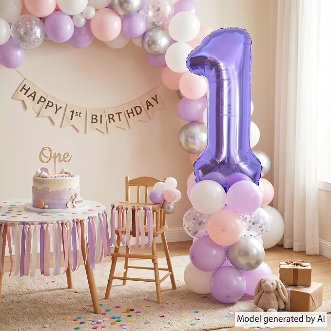 Purple Number 1 Balloon 40 Inch, Large Lavender Mylar Foil Balloons, Metallic - Image 2