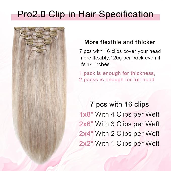 Pro2.0 Remy Real Human Hair Extensions Clip ins 120g Thick 7pcs Color #18p1000 Ash Blonde with Bleach Blonde Remy Clip in Hair Extensions Real Human Hair 16inch Double Weft（#18P1000-16inch）