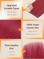 DOORES Human Hair Extensions Tape in Hair, Burgundy Red Tape in Hair Extensions, Human Hair Straight, 30g 10pcs 22 Inch, Burgundy Red
