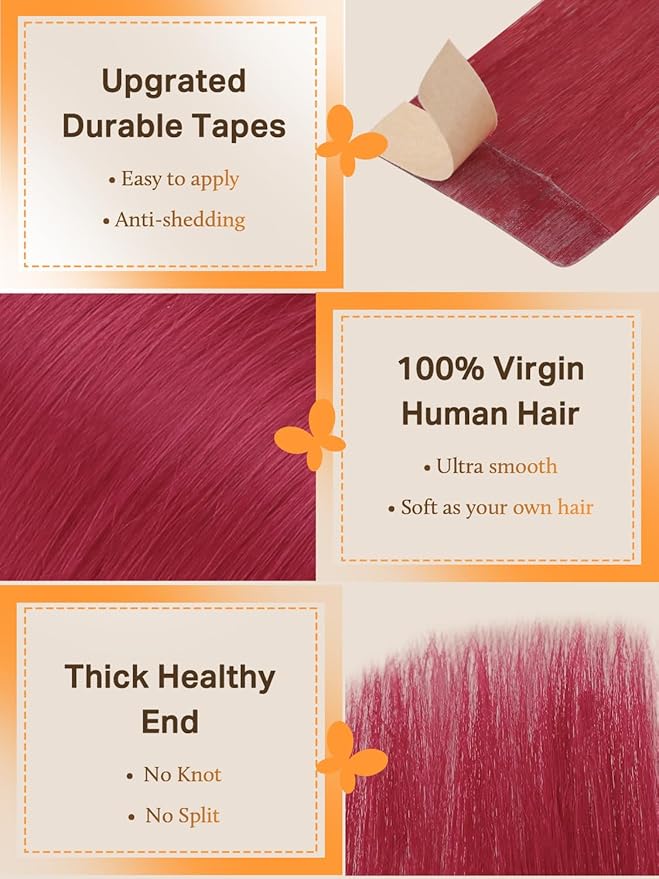 DOORES Remy Hair Extensions, Burgundy Red, 14 Inch Straight, 25g 10pcs Tape In