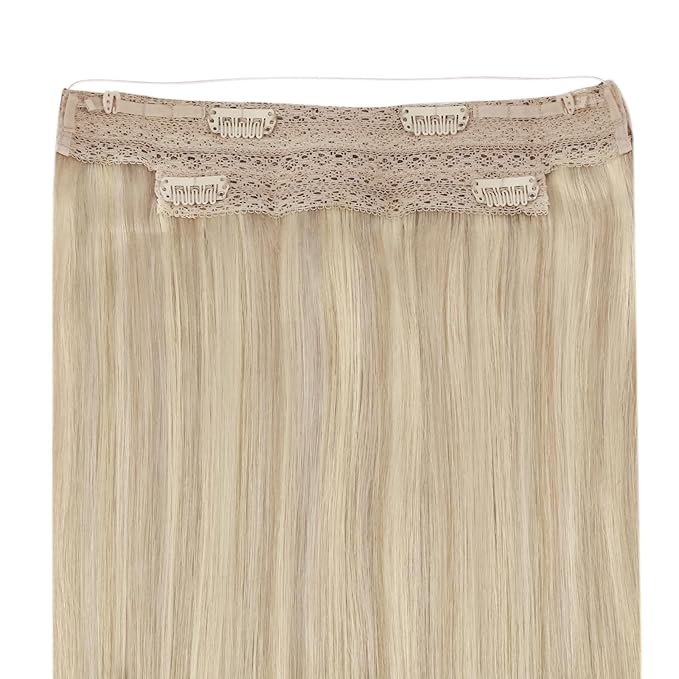 YoungSee 18 Inch Wire Hair Extensions Blonde Invisible Wire Hair Extensions Real Human Hair Ash Blonde Highlights Bleach Blond Headband Hair Extension for Women 80G