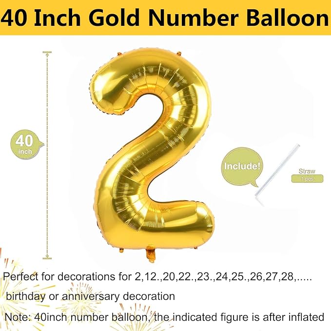 40 inch Gold Number Balloon Giant Foil Helium Balloons Gold Number 2 Balloon - Image 2
